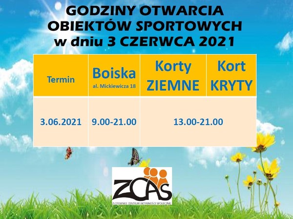Dostępność obiektów sportowych w dniu 3.06.2021r.